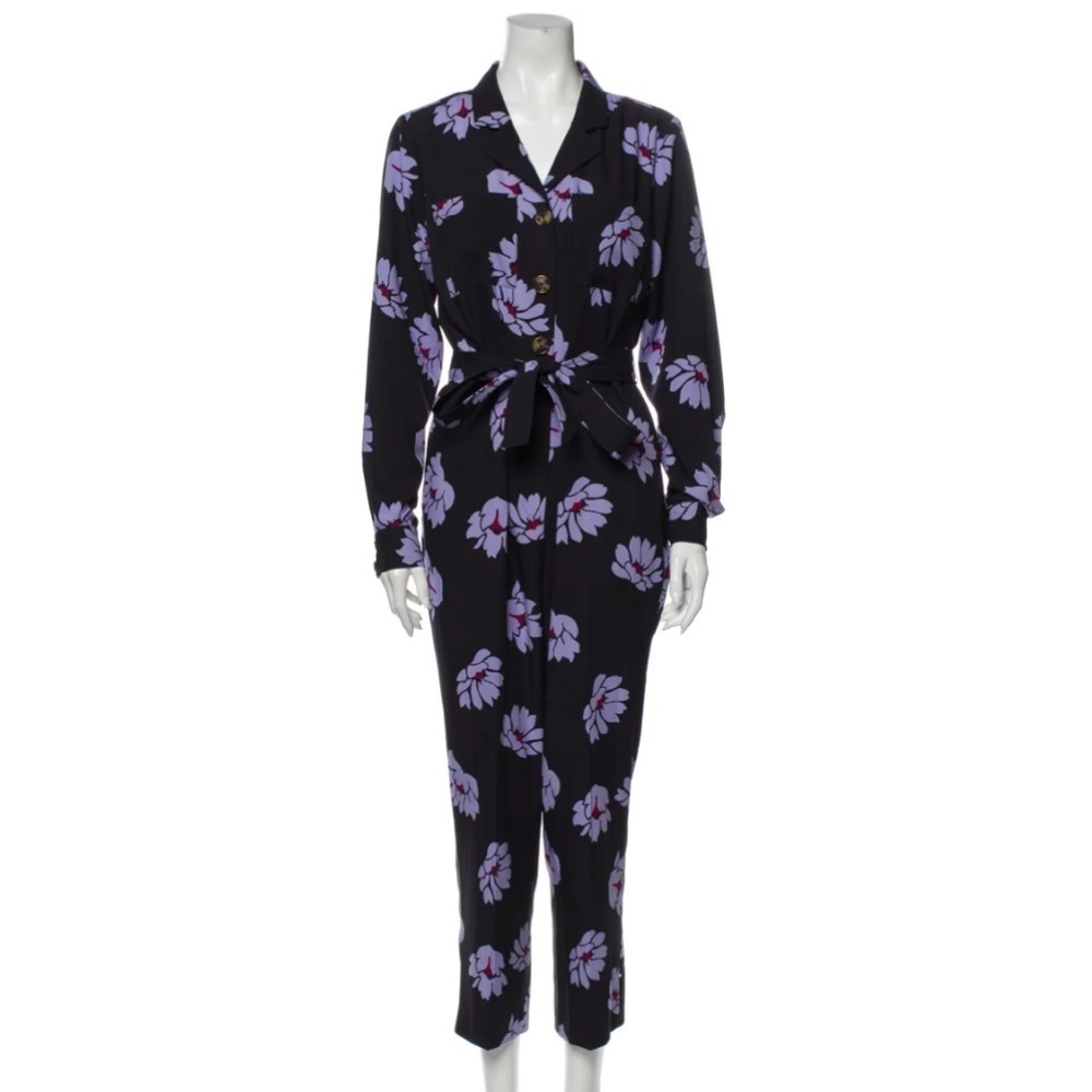 Pearl by Lela Rose- GREEN and Peach Floral Longsleeve Belted Jumpsuit - Picture 1 of 6